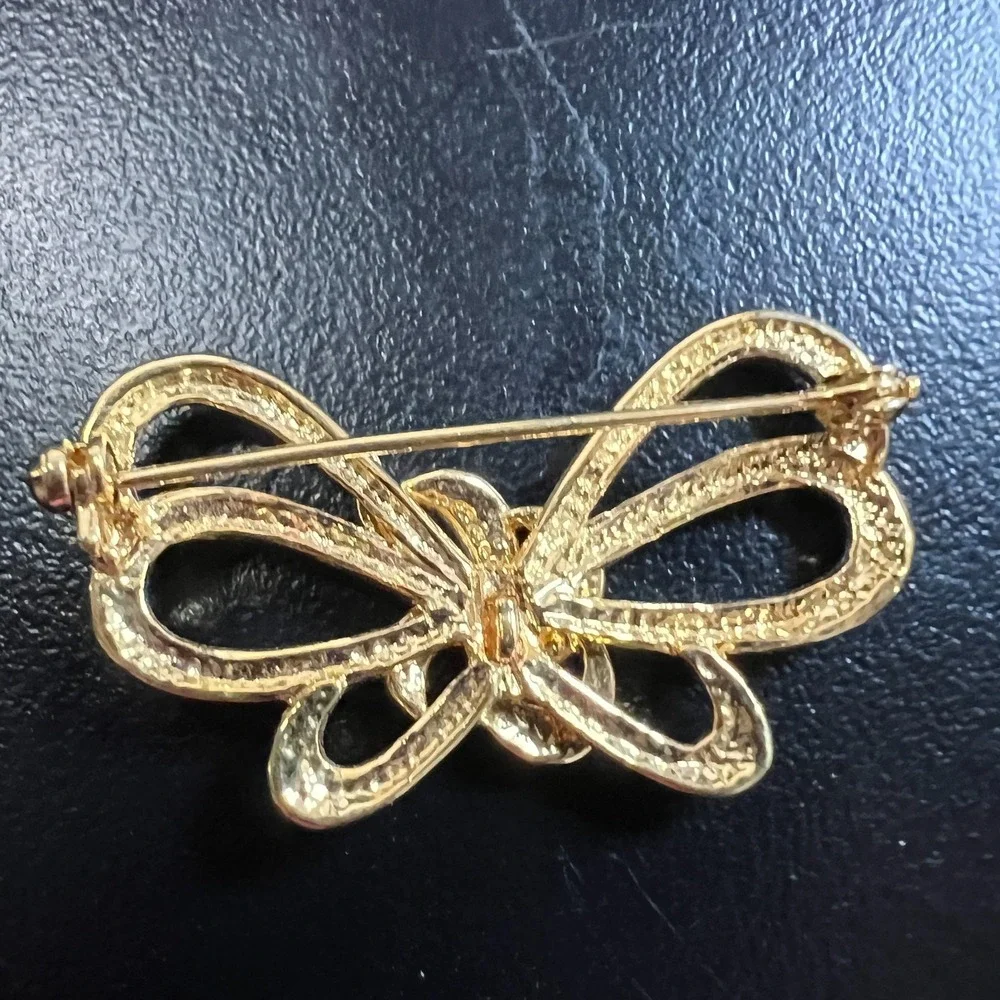 Gold‎ Tone Bow Brooch Rhinestone Accents Elegant Vintage Inspired Ribbon Pin